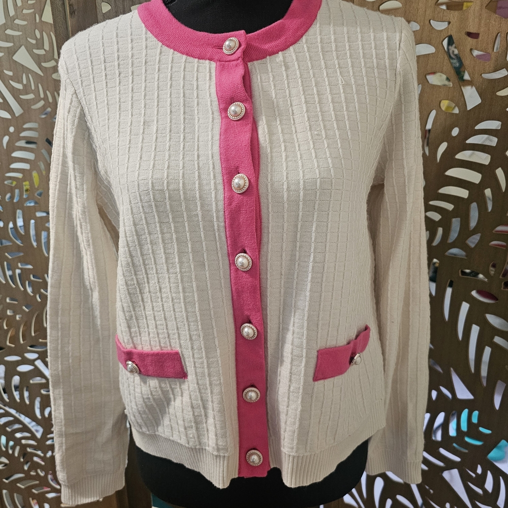 Adrianna Papell Cream and Pink Cardigan Sweater